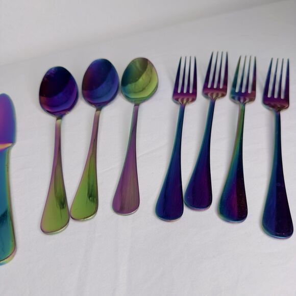 14 Pieces Byram Pattern Flatware Cambridge Rainbow Mirror Titanium Plated - Picture 4 of 6